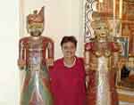 Rita is seen here in the Lake Palace lobby with a pair of large wooden models of Rajasthani Khat-Putli puppet dolls.